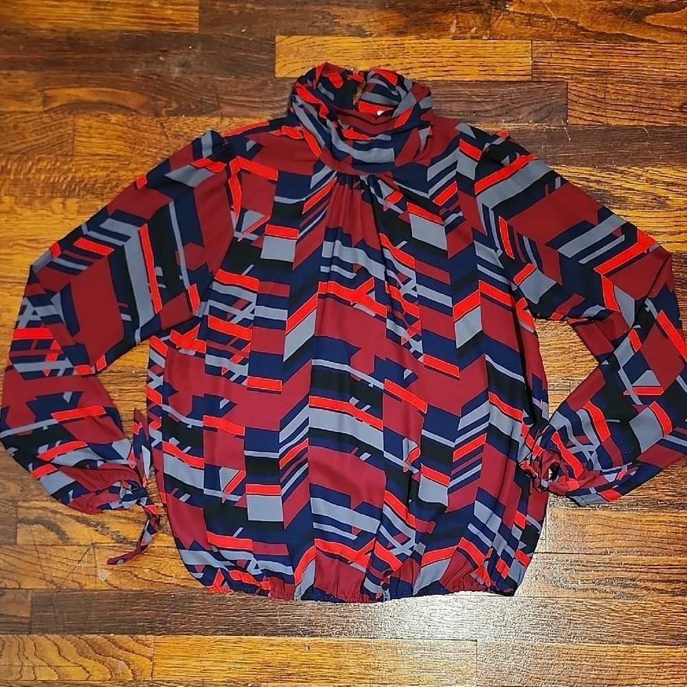 Allison Joy Red and Navy Abstract Geometric High Neck Keyhole Back Blouse